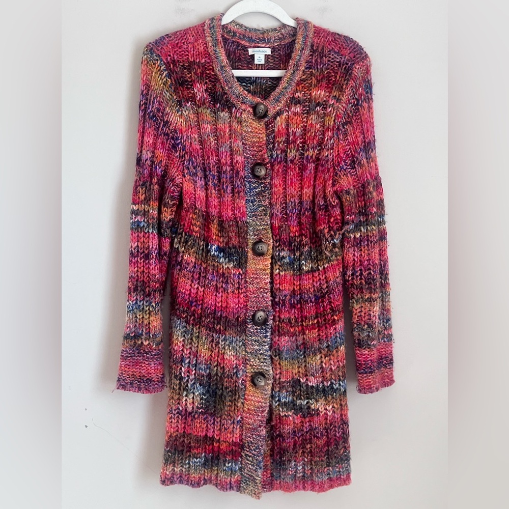 Sundance Long Chunky Knit‎ Cardigan in Rainbow Print Wool Blend Sz Medium